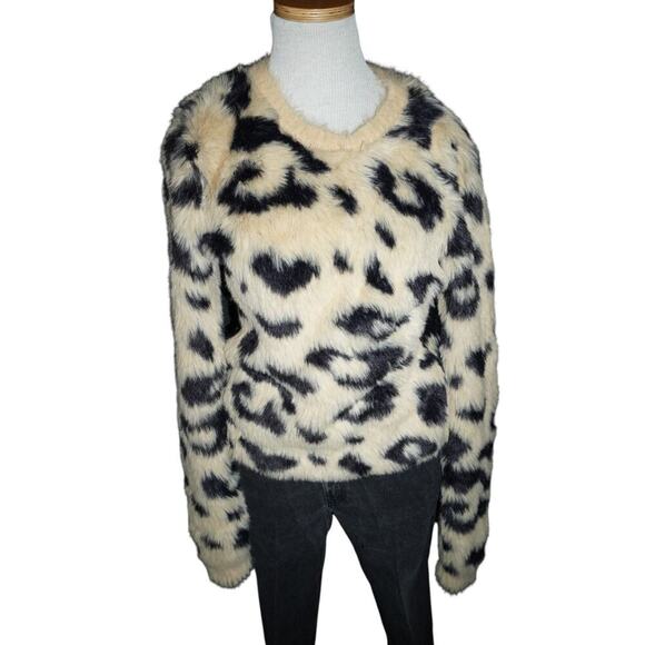 For The Republic Leopard Faux Fur Sweater Size M | Beige Black Animal Print Pull - Picture 1 of 8
